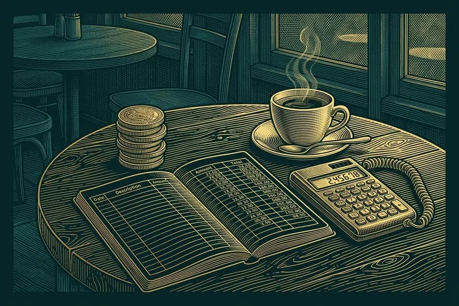 Coins, a ruled notebook and a calculator beside a cup of coffee