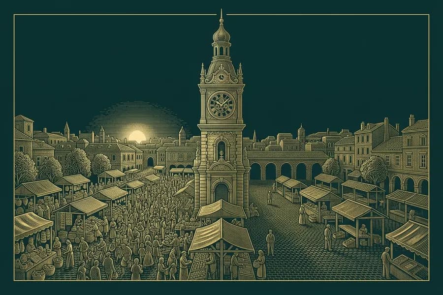 Clock tower above a market, half the stalls busy and half quiet