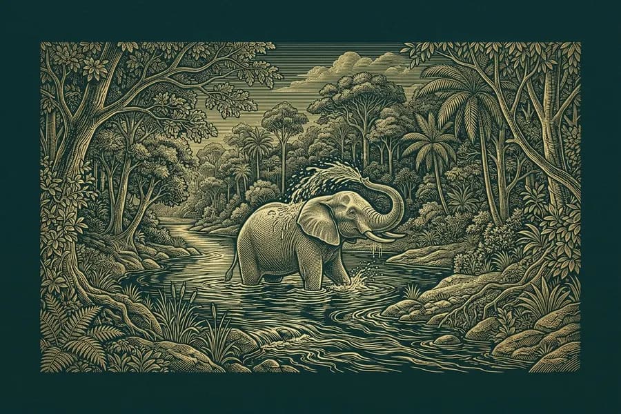 Elephant bathing in a forest river, seen from the bank