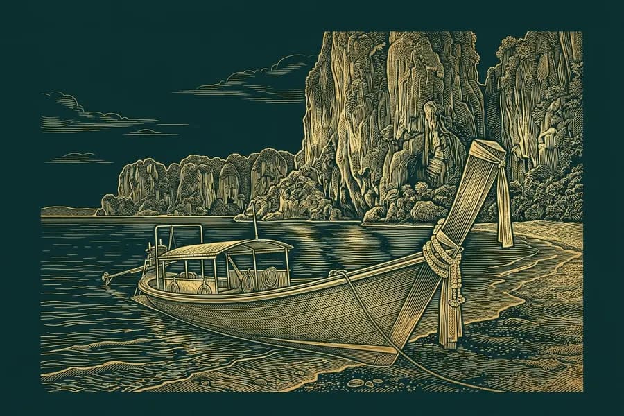 Longtail boat on a quiet beach under limestone cliffs