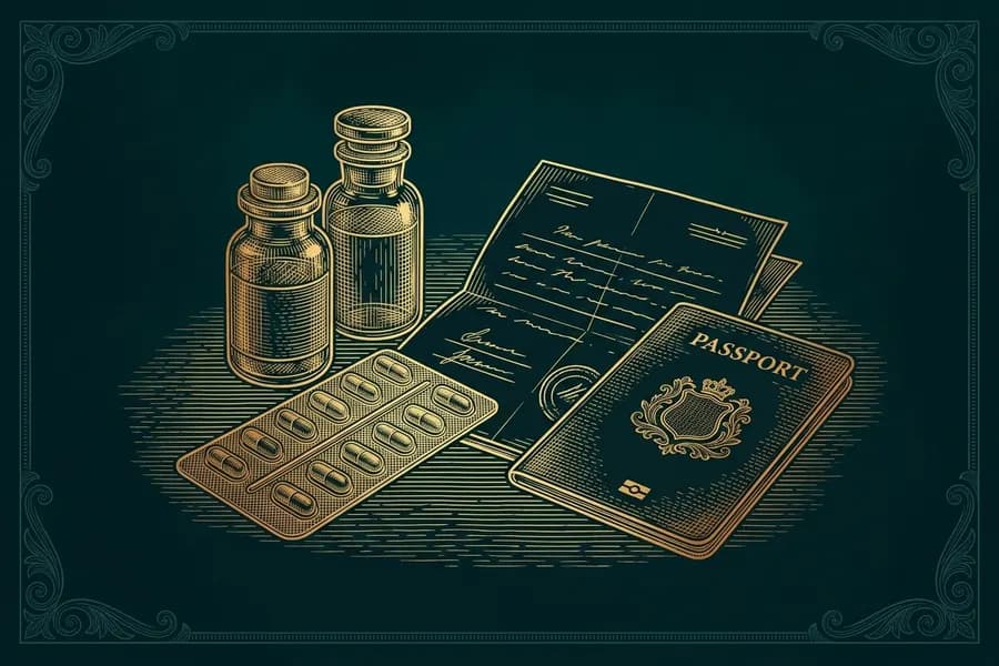 Pill bottles, a blister pack and a prescription next to a passport