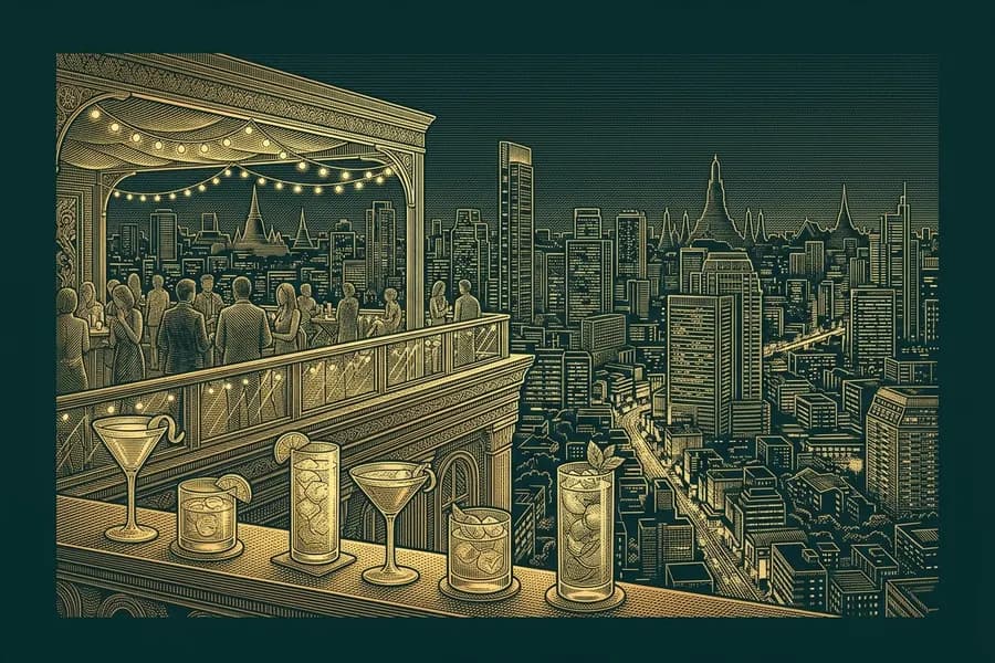 Rooftop bar terrace at night above the Bangkok skyline
