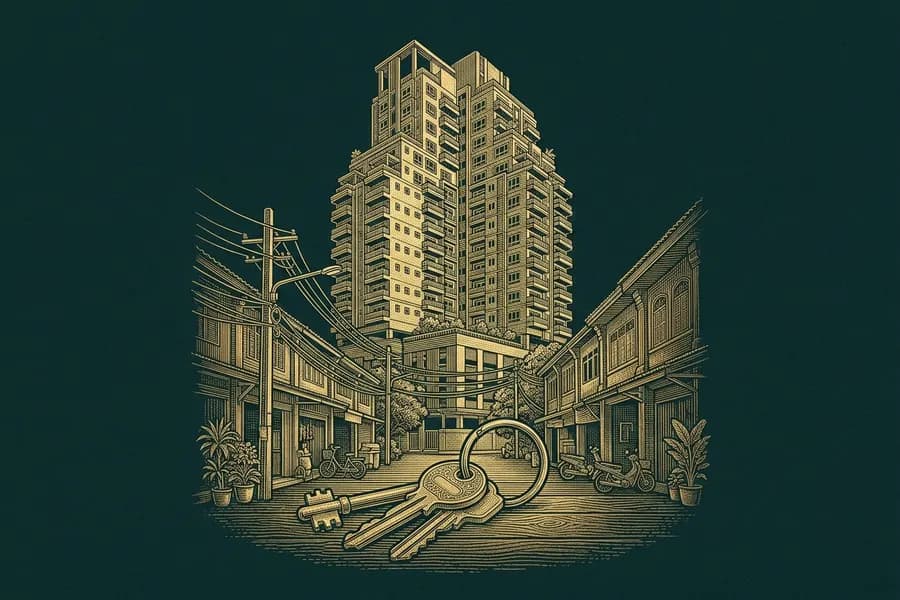 Condo tower seen from a quiet soi with a set of keys in front