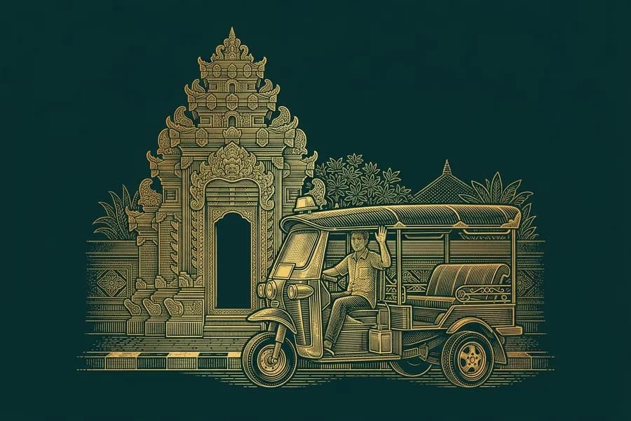 Tuk-tuk parked outside an ornate temple gate