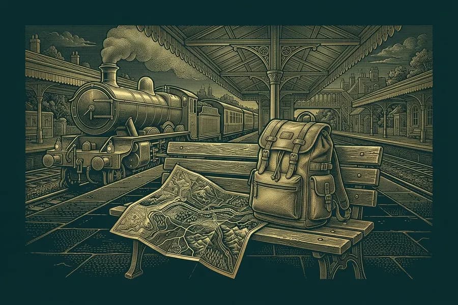 Backpack and a map on a station bench as a train pulls in