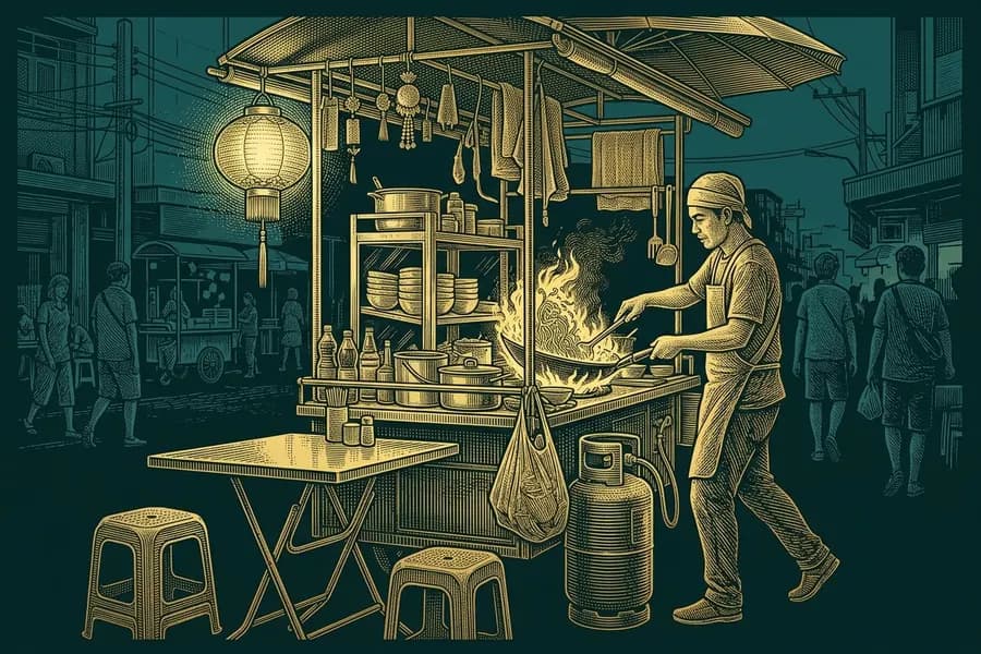 Street food cook tossing noodles in a flaming wok at a cart at dusk